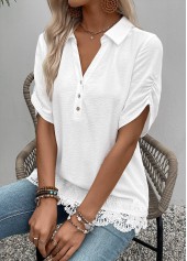 White tops,Plain Color tops,ROTITA White Shirt Collar Short Sleeve Blouse