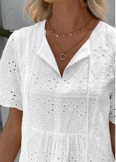 White dresses,Plain Color dresses,Vacation dresses,Vacation dresses,ROTITA White A Line Split Neck Short Sleeve Dress