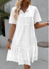 White dresses,Plain Color dresses,Vacation dresses,Vacation dresses,ROTITA White A Line Split Neck Short Sleeve Dress