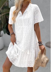 White dresses,Plain Color dresses,Vacation dresses,Vacation dresses,ROTITA White A Line Split Neck Short Sleeve Dress
