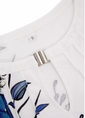 White tops,Floral tops,Plants tops,ROTITA Cut Out Floral Print White Round Neck T Shirt