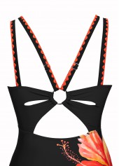 Orange swimwear,Floral swimwear,Plants swimwear,ROTITA Circular Ring Orange Floral Print One Piece Swimwear