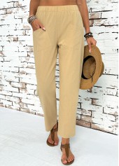 Light Camel bottoms,Plain Color bottoms,Light Camel Straight Leg Elastic Waist High Waisted Pants