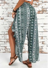 Blackish Green bottoms,Tribal bottoms,Tribal Print Blackish Green Wide Leg Elastic Waist Pants