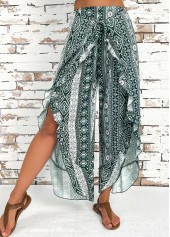 Blackish Green bottoms,Tribal bottoms,Tribal Print Blackish Green Wide Leg Elastic Waist Pants