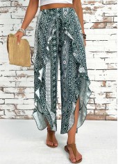 Blackish Green bottoms,Tribal bottoms,Tribal Print Blackish Green Wide Leg Elastic Waist Pants