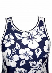 Blue swimwear,Floral swimwear,Plants swimwear,ROTITA Contrast Binding Blue Floral Print Mid Waisted Tankini Set