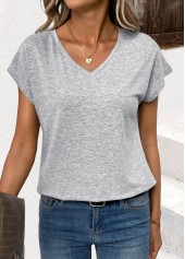 Light Grey tops,Plain Color tops,ROTITA Light Grey V Neck Short Sleeve T Shirt