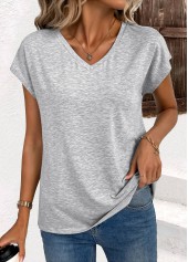 Light Grey tops,Plain Color tops,ROTITA Light Grey V Neck Short Sleeve T Shirt