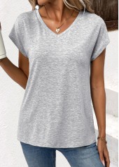 Light Grey tops,Plain Color tops,ROTITA Light Grey V Neck Short Sleeve T Shirt