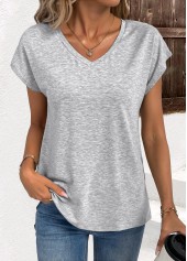 Light Grey tops,Plain Color tops,ROTITA Light Grey V Neck Short Sleeve T Shirt