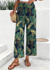 Turquoise bottoms,Plants bottoms,Plants Print Turquoise Wide Leg Elastic Waist Pants