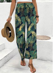Turquoise bottoms,Plants bottoms,Plants Print Turquoise Wide Leg Elastic Waist Pants