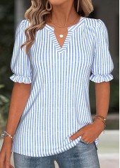 ROTITA Split Striped Blue Short Sleeve Blouse
