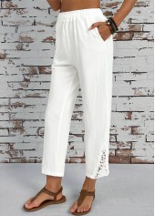 White bottoms,Plain Color bottoms,Pocket White Straight Leg Elastic Waist High Waisted Pants