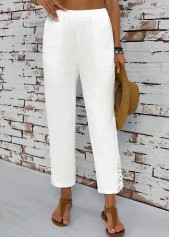 White bottoms,Plain Color bottoms,Pocket White Straight Leg Elastic Waist High Waisted Pants