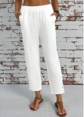 White bottoms,Plain Color bottoms,Pocket White Straight Leg Elastic Waist High Waisted Pants
