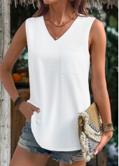 White tops,Plain Color tops,ROTITA White V Neck Sleeveless Tank Top