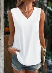 White tops,Plain Color tops,ROTITA White V Neck Sleeveless Tank Top