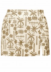 Beige swimwear,Plants swimwear,ROTITA Ruched Beige Tropical Plants Print Mid Waisted Tankini Set