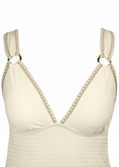 Beige swimwear,Plants swimwear,ROTITA Ruched Beige Tropical Plants Print Mid Waisted Tankini Set