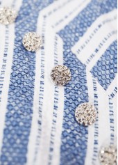 Blue tops,Geometric tops,Striped tops,ROTITA Geometric Print Blue Round Neck Short Sleeve Blouse