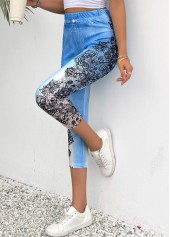 Light Blue bottoms,Floral bottoms,Plants bottoms,Floral Print Light Blue Skinny Elastic Waist Pants