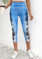 Light Blue bottoms,Floral bottoms,Plants bottoms,Floral Print Light Blue Skinny Elastic Waist Pants