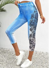 Light Blue bottoms,Floral bottoms,Plants bottoms,Floral Print Light Blue Skinny Elastic Waist Pants