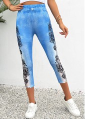 Light Blue bottoms,Floral bottoms,Plants bottoms,Floral Print Light Blue Skinny Elastic Waist Pants