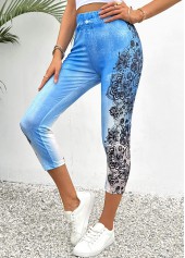 Hellblaue Skinny-Hose mit elastischer Taille und Blumenmuster