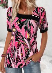 Pink tops,Geometric tops,ROTITA Geometric Print Pink Asymmetrical Neck Short Sleeve T Shirt