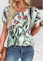 Multi Color tops,Floral tops,Plants tops,ROTITA Floral Print Multi Color Round Neck T Shirt