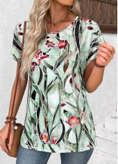 Multi Color tops,Floral tops,Plants tops,ROTITA Floral Print Multi Color Round Neck T Shirt