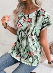 Multi Color tops,Floral tops,Plants tops,ROTITA Floral Print Multi Color Round Neck T Shirt