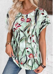 Multi Color tops,Floral tops,Plants tops,ROTITA Floral Print Multi Color Round Neck T Shirt