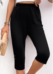 Black bottoms,Plain Color bottoms,Black High Waisted Elastic Waist Capri Leggings