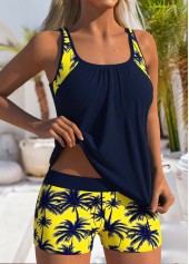 Navy swimwear,Plants swimwear,ROTITA Navy Tropical Plants Print Mid Waisted Tankini Set