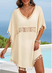Beige swimwear,Plain Color swimwear,Beige Tassel V Neck Patchwork Cover Up