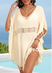 Beige swimwear,Plain Color swimwear,Beige Tassel V Neck Patchwork Cover Up