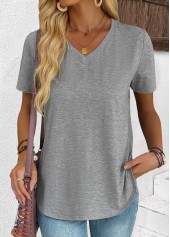 Grey tops,Plain Color tops,ROTITA Grey V Neck Short Sleeve T Shirt