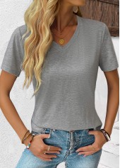 Grey tops,Plain Color tops,ROTITA Grey V Neck Short Sleeve T Shirt