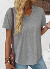 Grey tops,Plain Color tops,ROTITA Grey V Neck Short Sleeve T Shirt