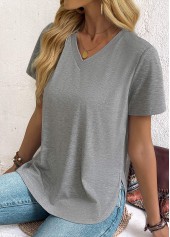 Grey tops,Plain Color tops,ROTITA Grey V Neck Short Sleeve T Shirt
