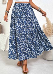 Ditsy Floral Print Blue Maxi Elastic Waist Skirt