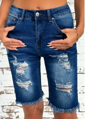 Denim Blue bottoms,Plain Color bottoms,Denim Blue Button Fly High Waisted Shorts