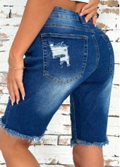 Denim Blue bottoms,Plain Color bottoms,Denim Blue Button Fly High Waisted Shorts