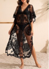 Black swimwear,Plain Color swimwear,Black Patchwork V Neck Cover Up