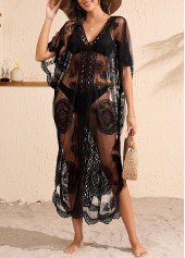 Black swimwear,Plain Color swimwear,Black Patchwork V Neck Cover Up
