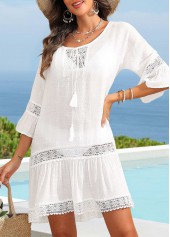 White swimwear,Plain Color swimwear,White Patchwork Round Neck Tassel Cover Up